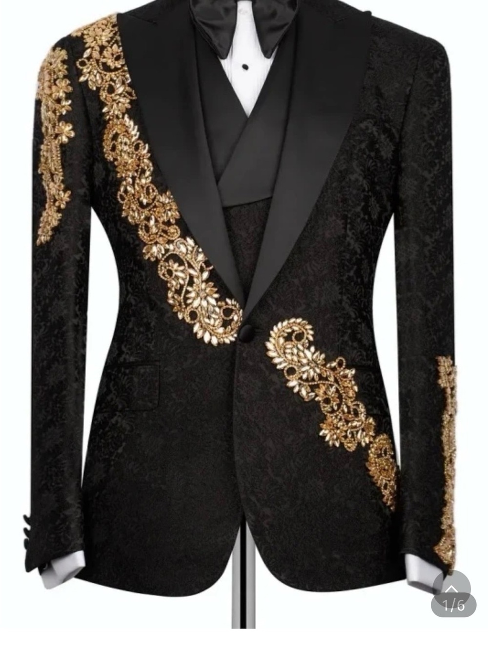 Men's Black Tuxedo Blazer with Gold Embroidered Accents